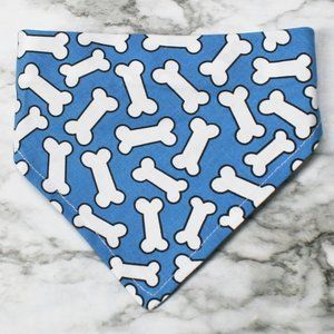 HAND CRAFTED Bandana Dog Bones White on Blue Large Print Pet Scarf Accessory